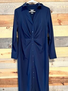 DKNY Navy Twist-Front Long Sleeve Shirt Dress